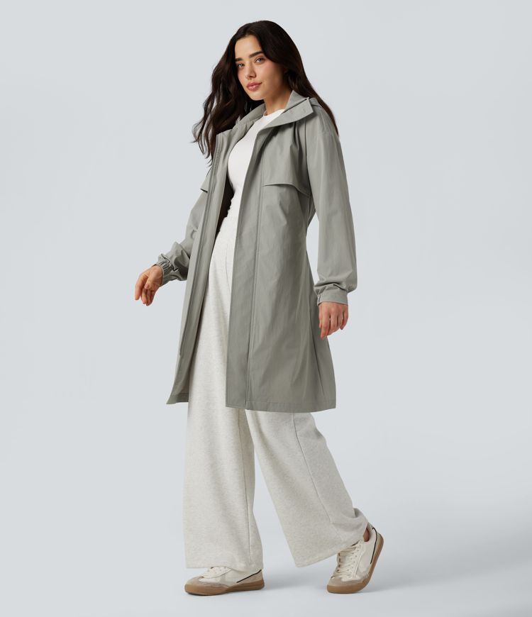 Water Repellent Hooded Belted Casual Trench Jacket with Pockets