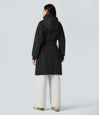 Water Repellent Hooded Belted Casual Trench Jacket with Pockets