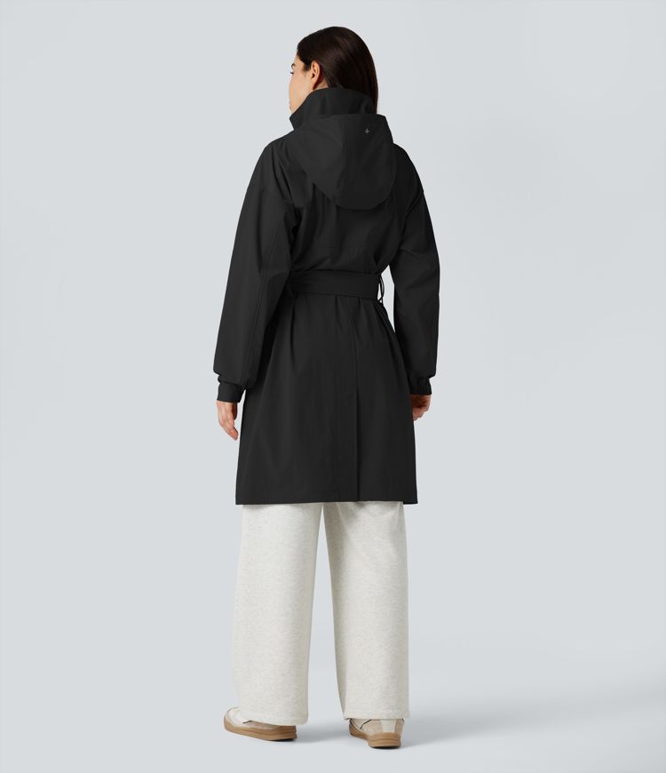 Water Repellent Hooded Belted Casual Trench Jacket with Pockets