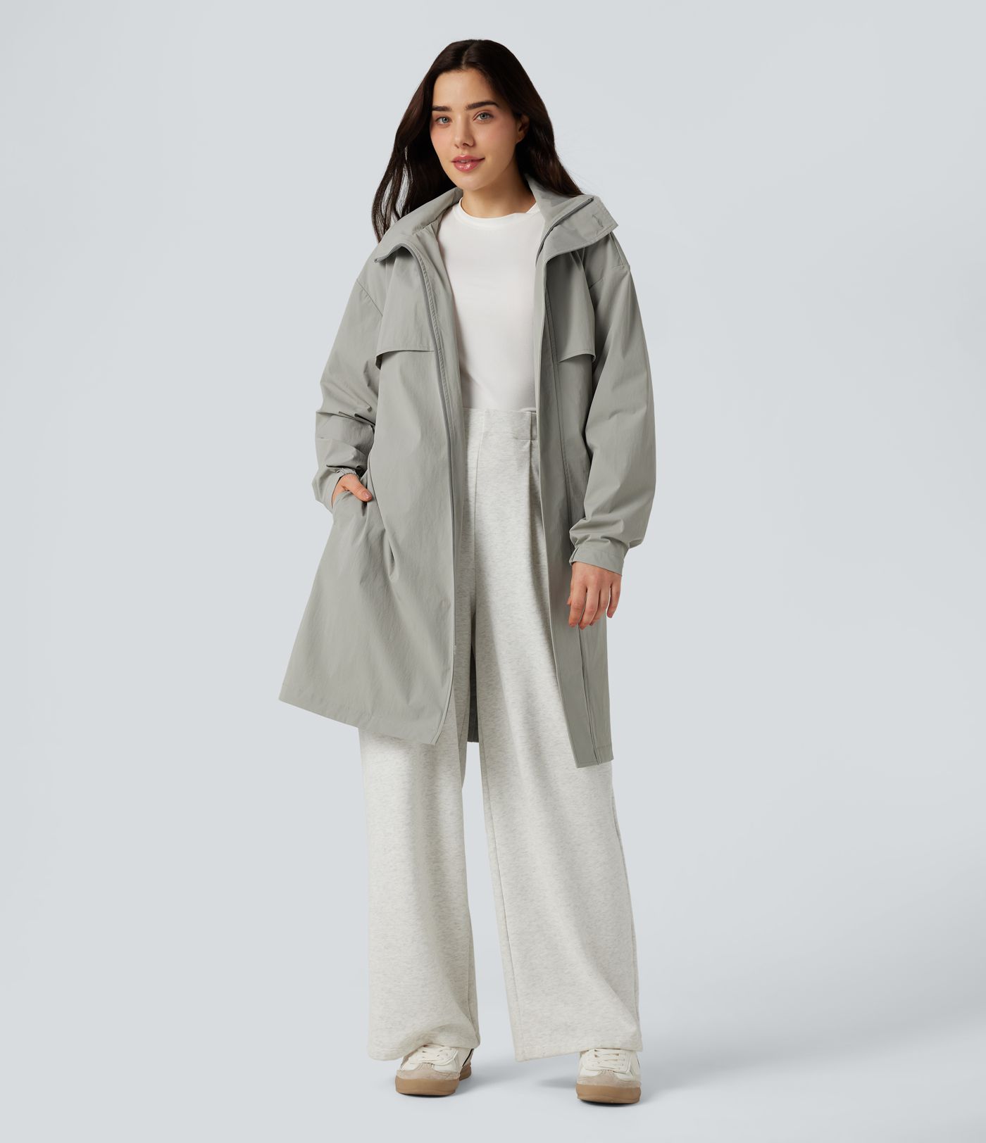 Water Repellent Hooded Belted Casual Trench Jacket with Pockets