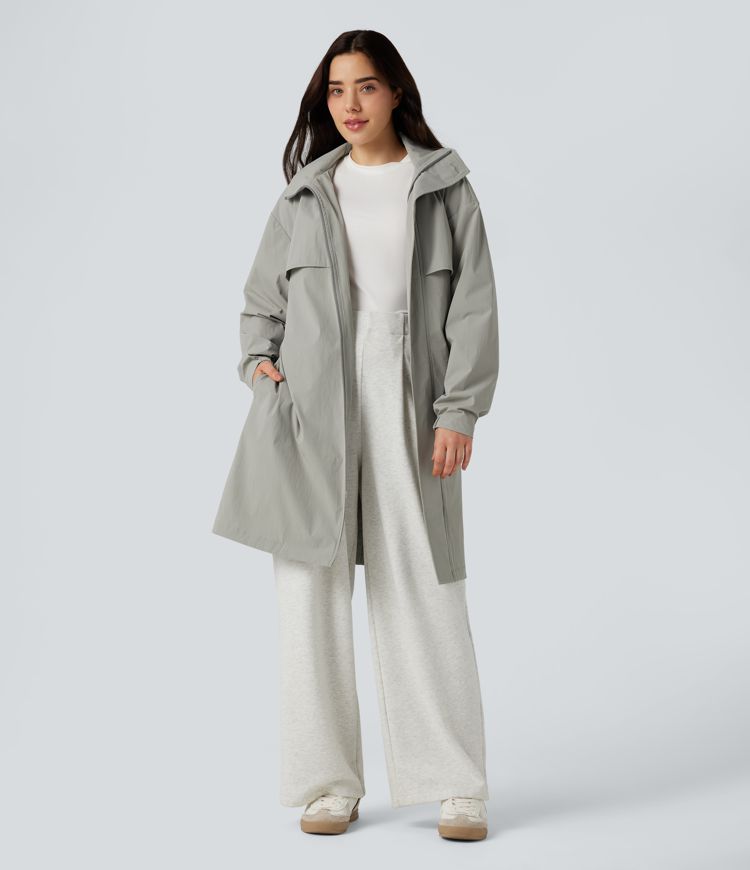 Water Repellent Hooded Belted Casual Trench Jacket with Pockets
