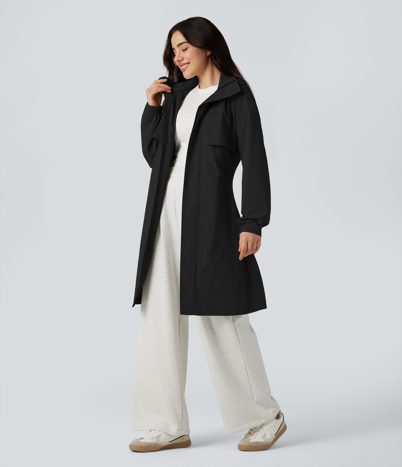 Water Repellent Hooded Belted Casual Trench Jacket with Pockets