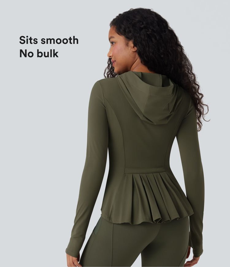 SoftlyZero™ Hooded Long Sleeve Thumb Hole Pleated Jacket with Pockets-UPF50+