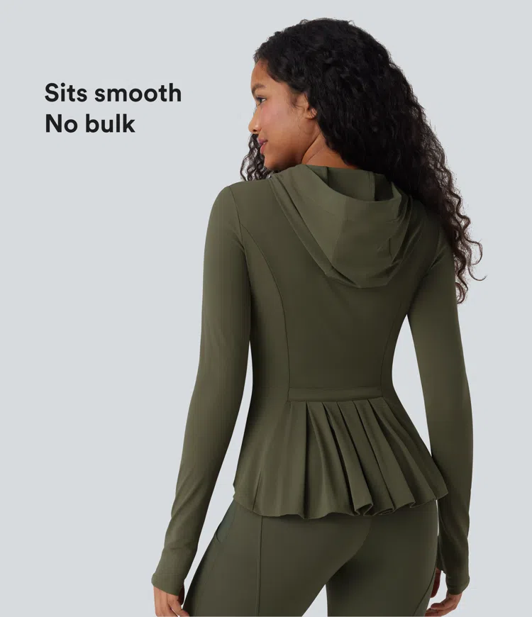 SoftlyZero™ Hooded Long Sleeve Thumb Hole Pleated Jacket with Pockets