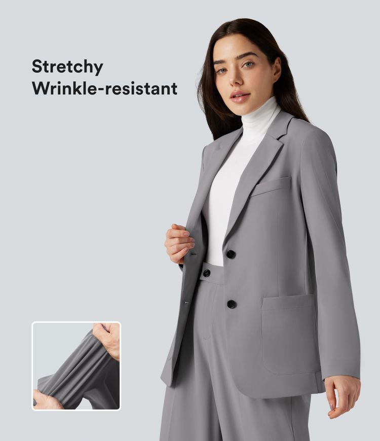 Wrinkle-resistant Notched Collar Long Sleeve Work Blazer with Pockets