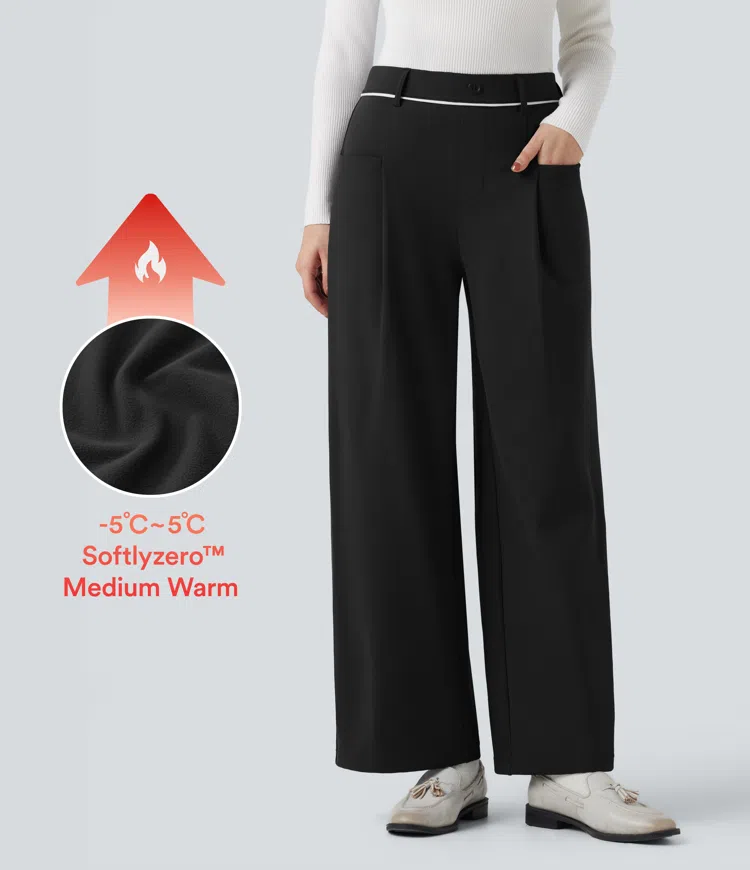 Black SoftlyZero™ Plush Thermal Mid Rise Straight Leg Suit Work Pants with Pockets / 1