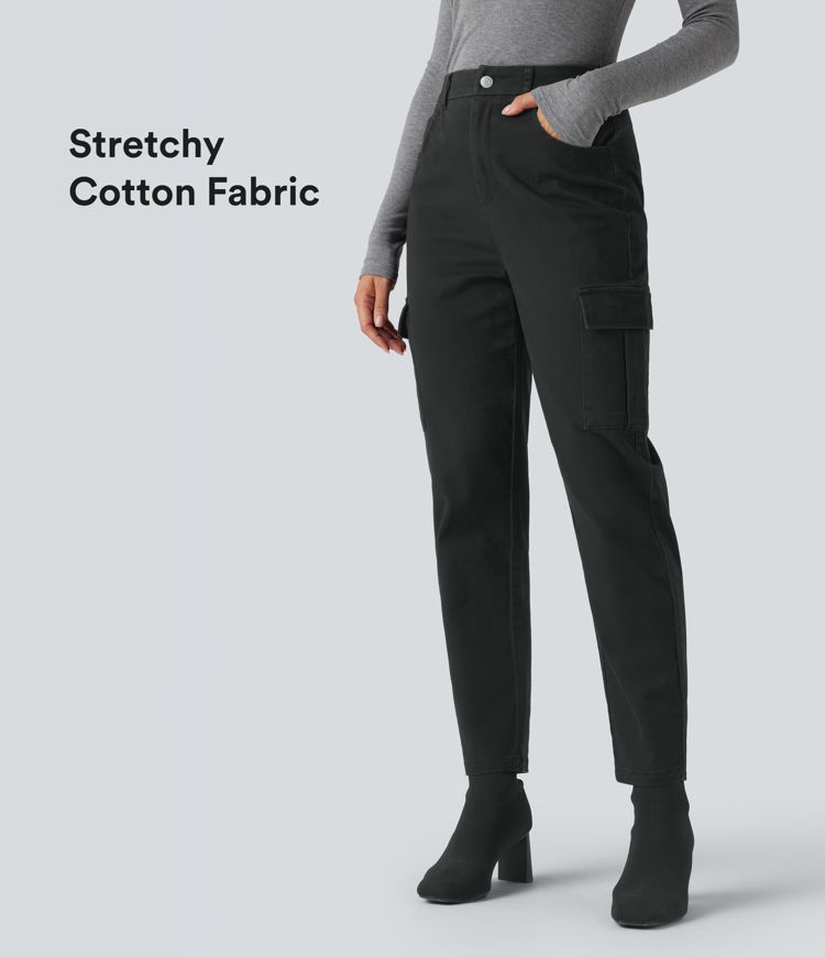High-waisted Chino Cotton Casual 7/8 Tapered Trousers with Pockets