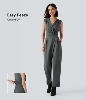 V-neck Sleeveless Work Tapered Jumpsuit with Pockets-Easy Peezy