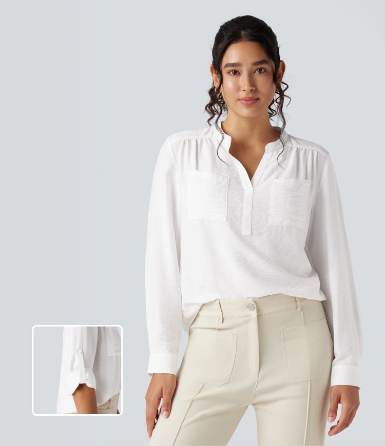 V-neck Roll Up Sleeve Curved Hem Work Blouse with Pockets
