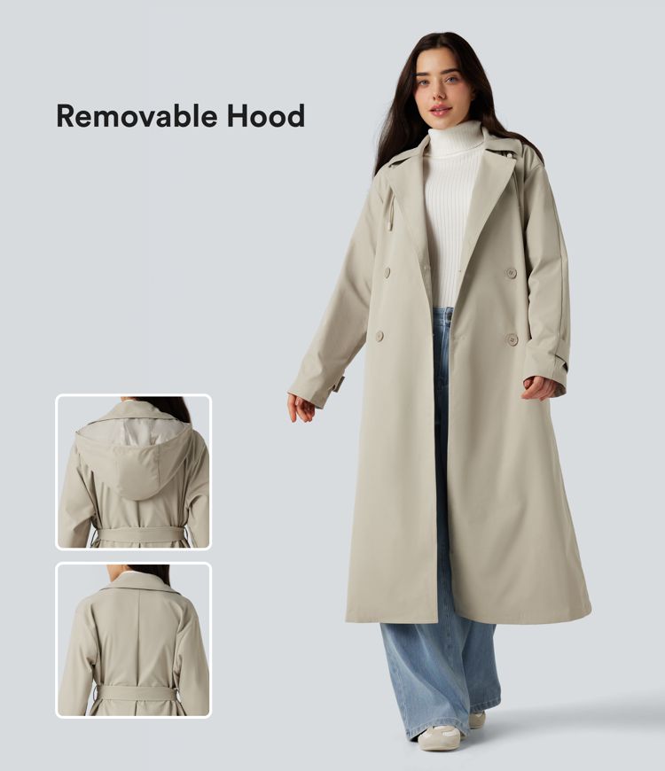 Removable Hood Notched Collar Long Sleeve Belted Longline Casual Anorak Jacket with Pockets