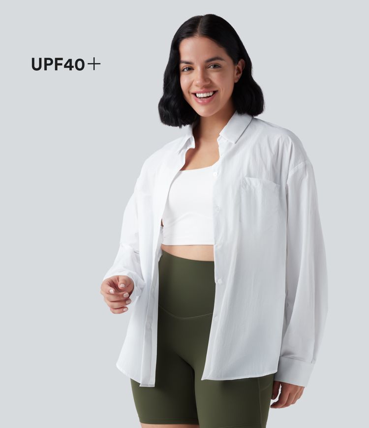 Collar Long Sleeve Curved Hem Hiking Shirt with Pocket-UPF40+