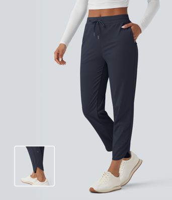 Mid Rise Drawstring Curved Hem Quick Dry Golf Tapered Pants with Pockets-UPF40+