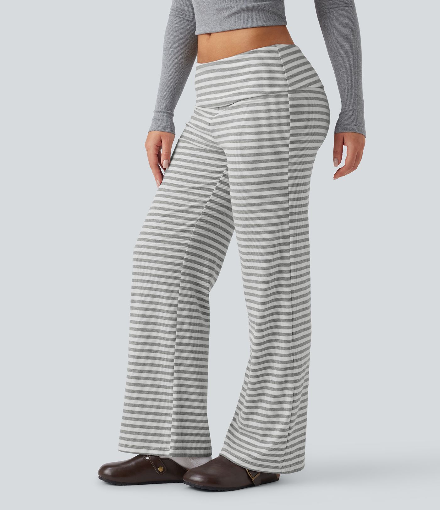 Foldover Low Rise Striped Casual Flare Trousers