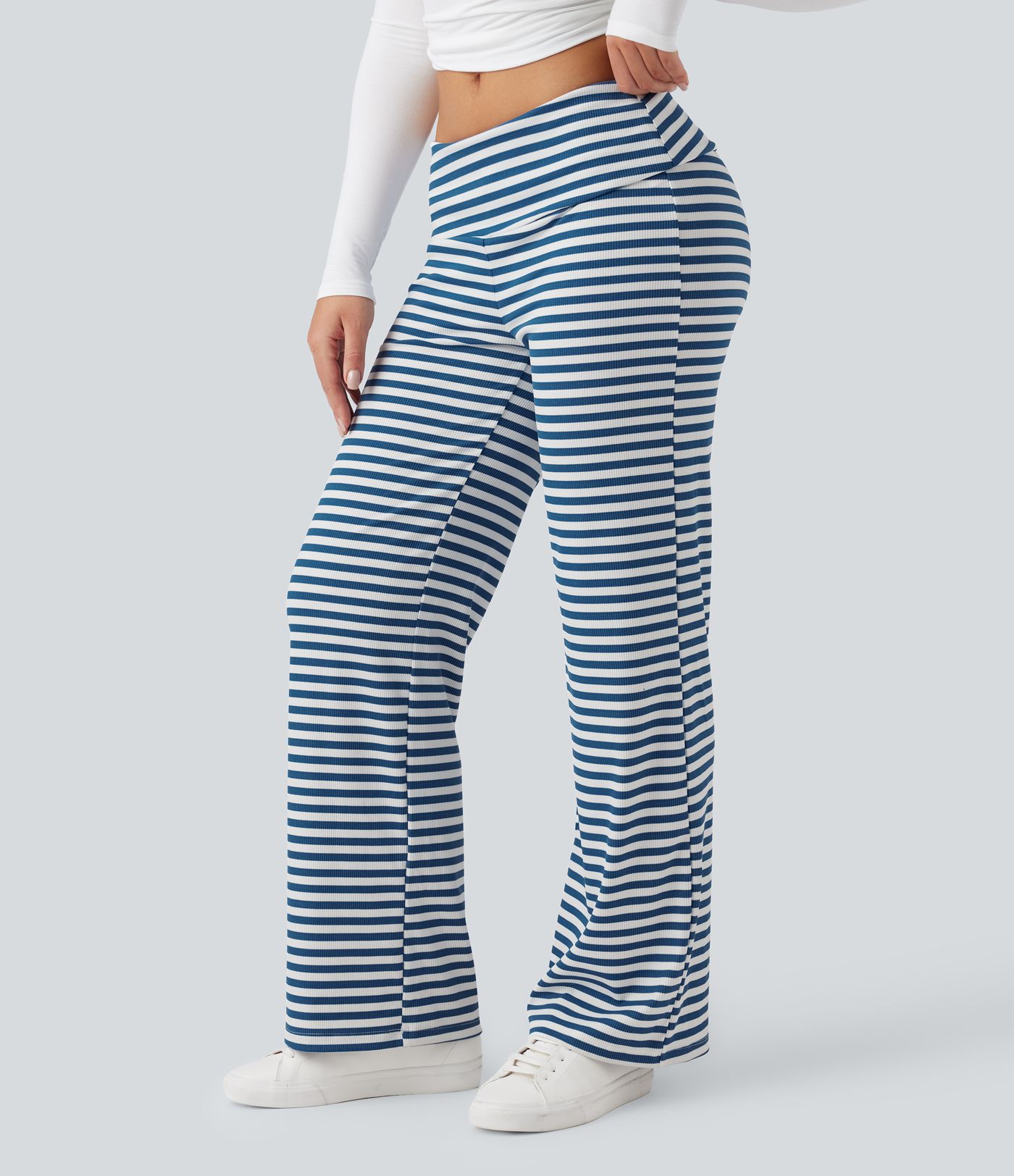 Foldover Low Rise Striped Casual Flare Trousers