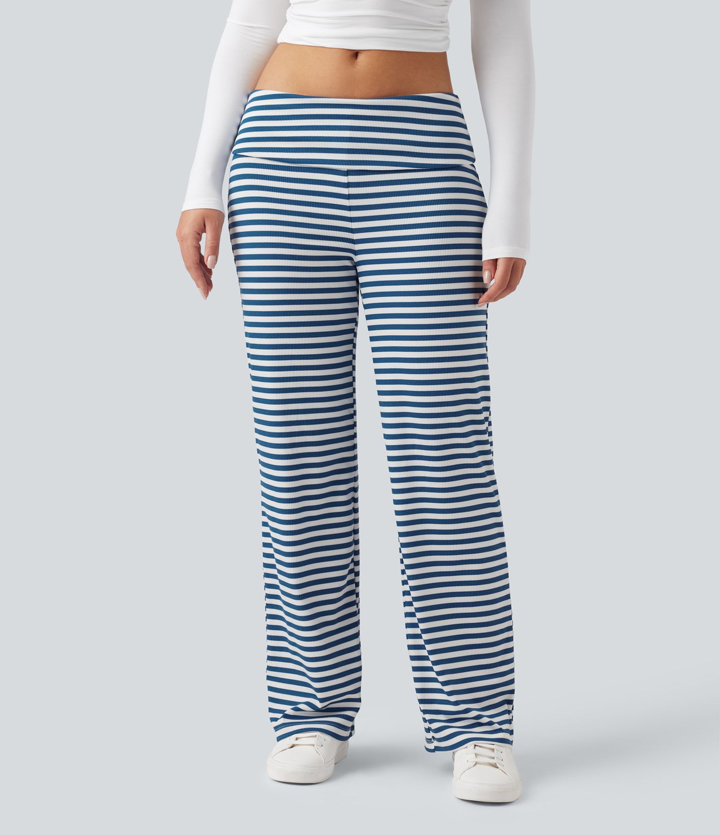 Foldover Low Rise Striped Casual Flare Trousers