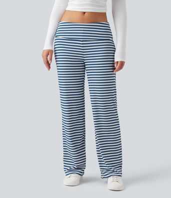 Foldover Low Rise Striped Casual Flare Trousers
