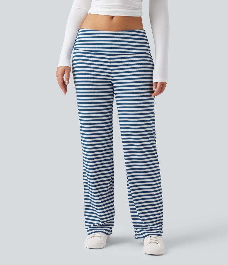 Foldover Low Rise Striped Casual Flare Trousers