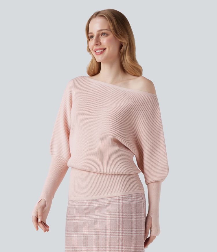 One Shoulder Long Sleeve Thumb Hole Casual Jumper