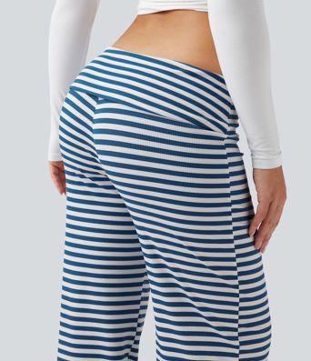 Foldover Low Rise Striped Casual Flare Trousers