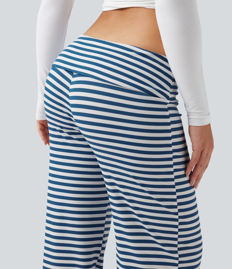 Foldover Low Rise Striped Casual Flare Trousers
