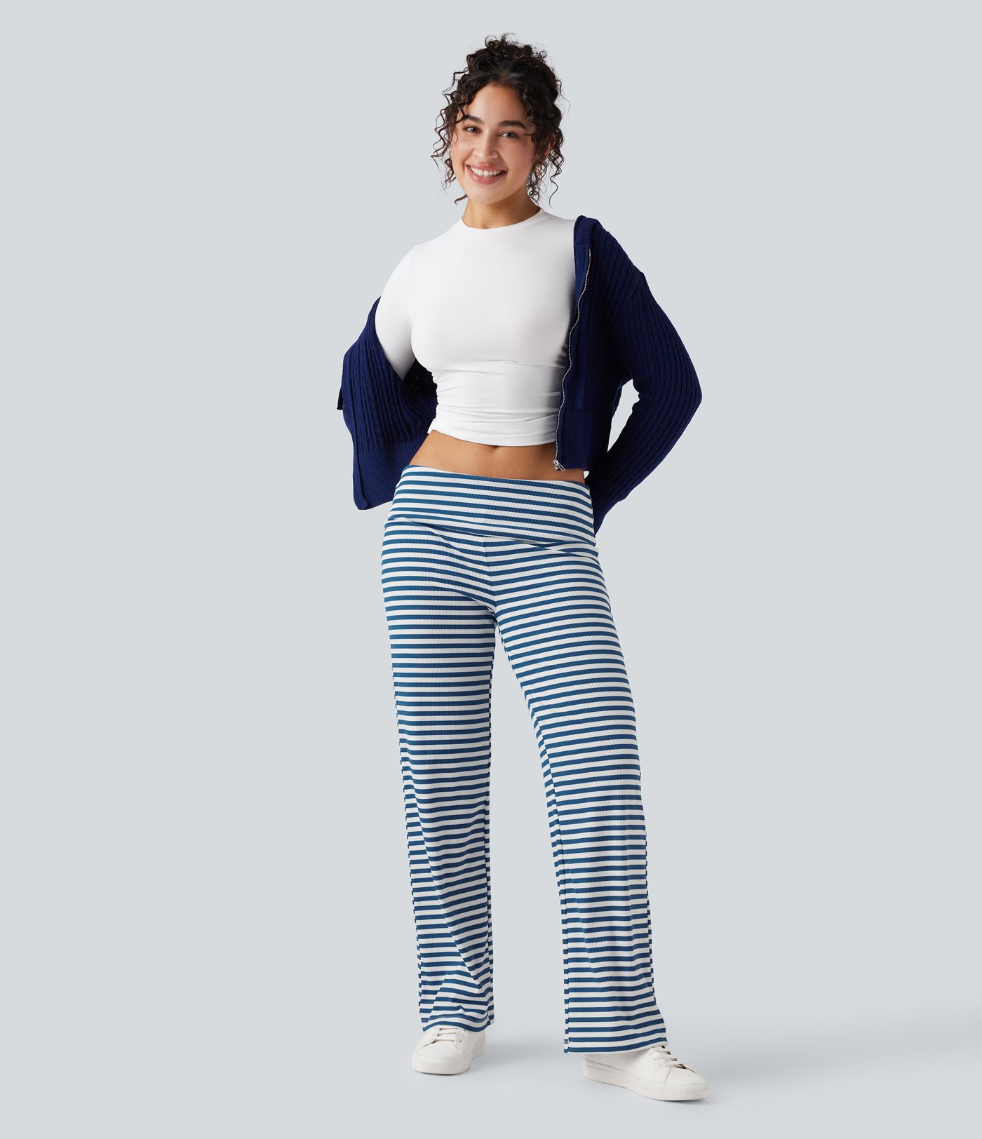 Foldover Low Rise Striped Casual Flare Trousers