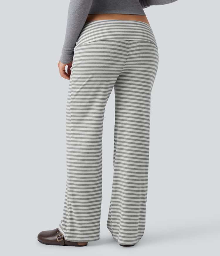 Foldover Low Rise Striped Casual Flare Trousers