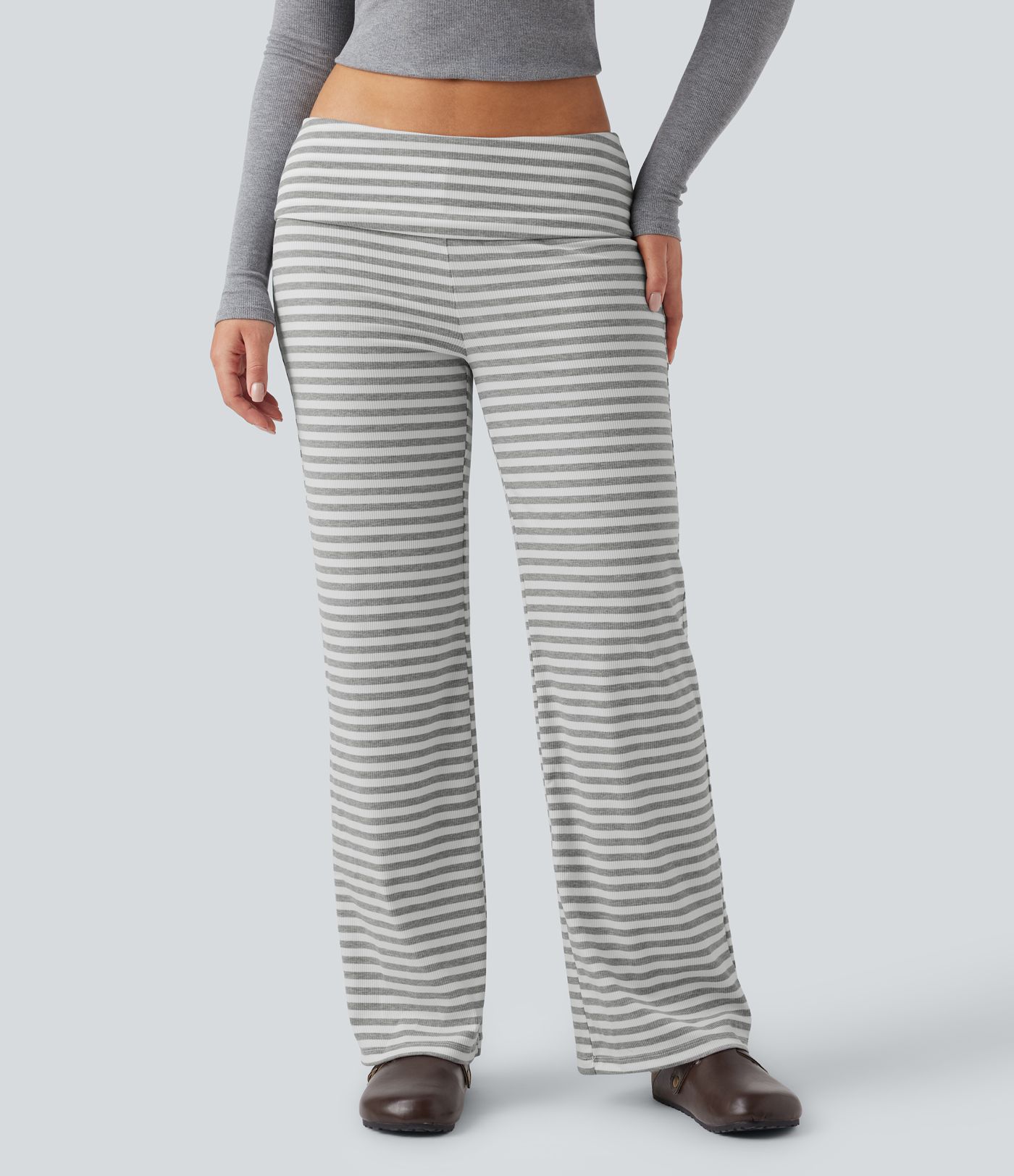 Foldover Low Rise Striped Casual Flare Trousers