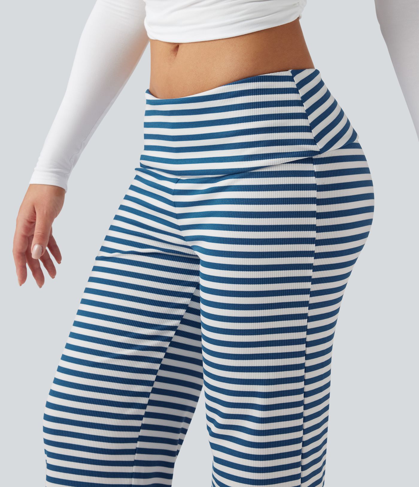 Foldover Low Rise Striped Casual Flare Trousers