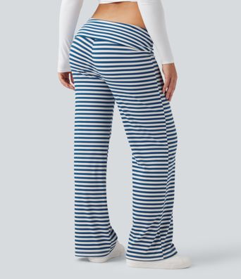 Foldover Low Rise Striped Casual Flare Trousers