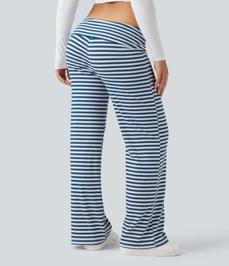 Foldover Low Rise Striped Casual Flare Trousers