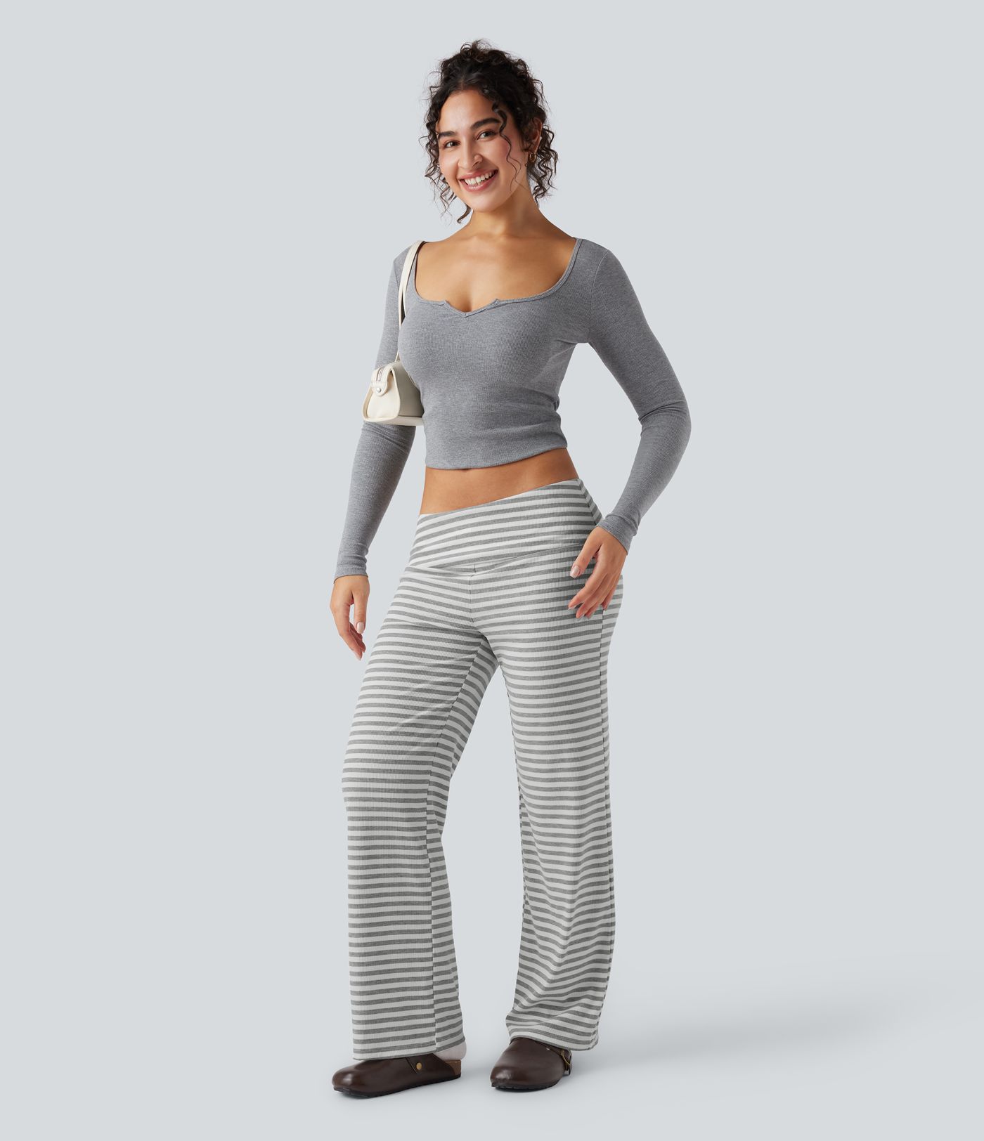 Foldover Low Rise Striped Casual Flare Trousers