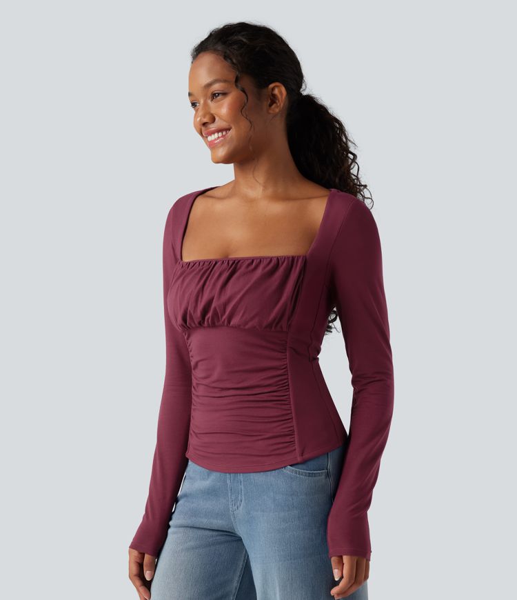 Lässiges, gerafftes Top mit eckigem Ausschnitt und langen Ärmeln