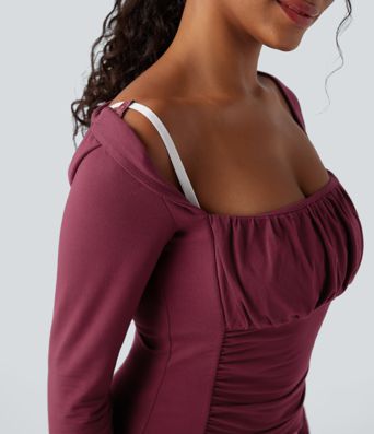 Lässiges, gerafftes Top mit eckigem Ausschnitt und langen Ärmeln