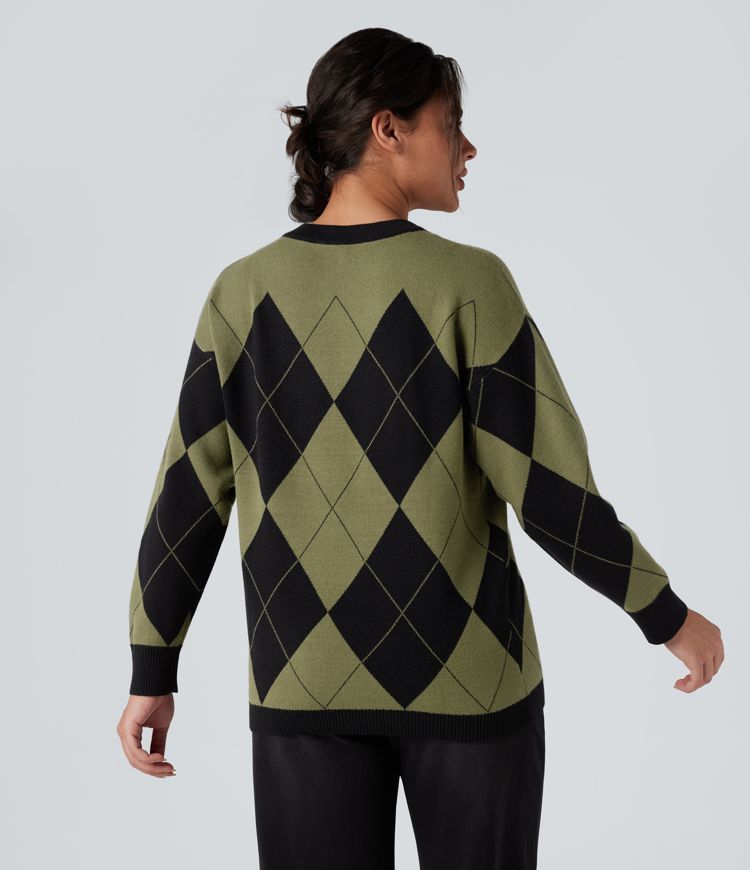 Pull de travail carreaux losange col rond manches longues