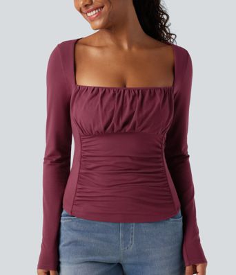 Lässiges, gerafftes Top mit eckigem Ausschnitt und langen Ärmeln