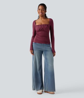 Lässiges, gerafftes Top mit eckigem Ausschnitt und langen Ärmeln