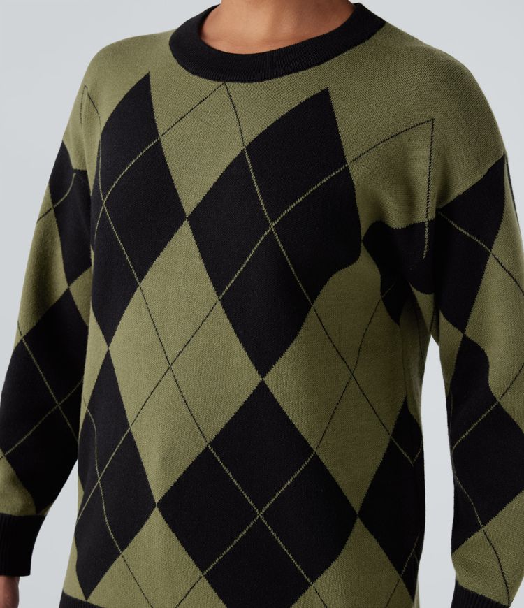 Pull de travail carreaux losange col rond manches longues