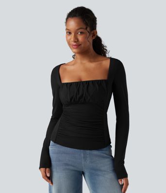 Lässiges Langarm-Top mit quadratischem Ausschnitt und Raffung