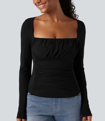Lässiges Langarm-Top mit quadratischem Ausschnitt und Raffung