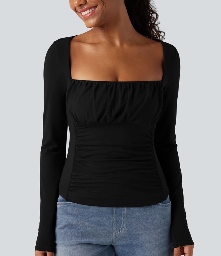 Lässiges Langarm-Top mit quadratischem Ausschnitt und Raffung