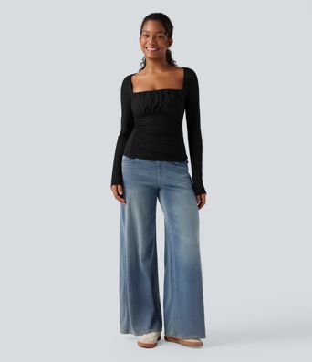 Lässiges Langarm-Top mit quadratischem Ausschnitt und Raffung