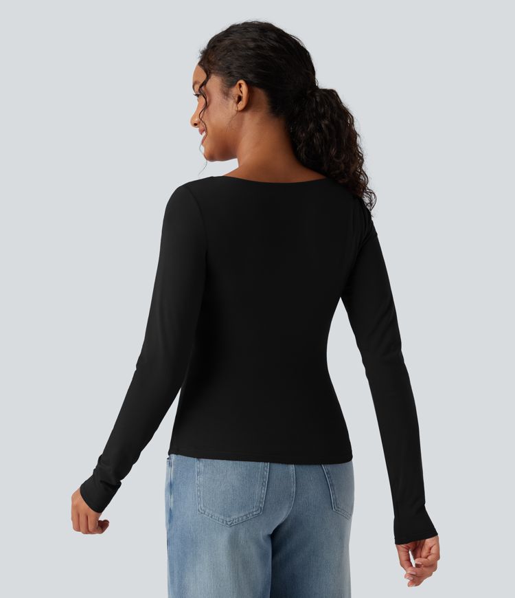 Lässiges Langarm-Top mit quadratischem Ausschnitt und Raffung