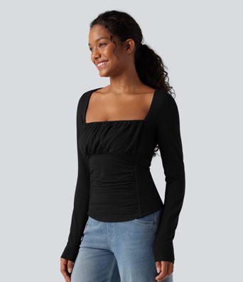 Lässiges Langarm-Top mit quadratischem Ausschnitt und Raffung