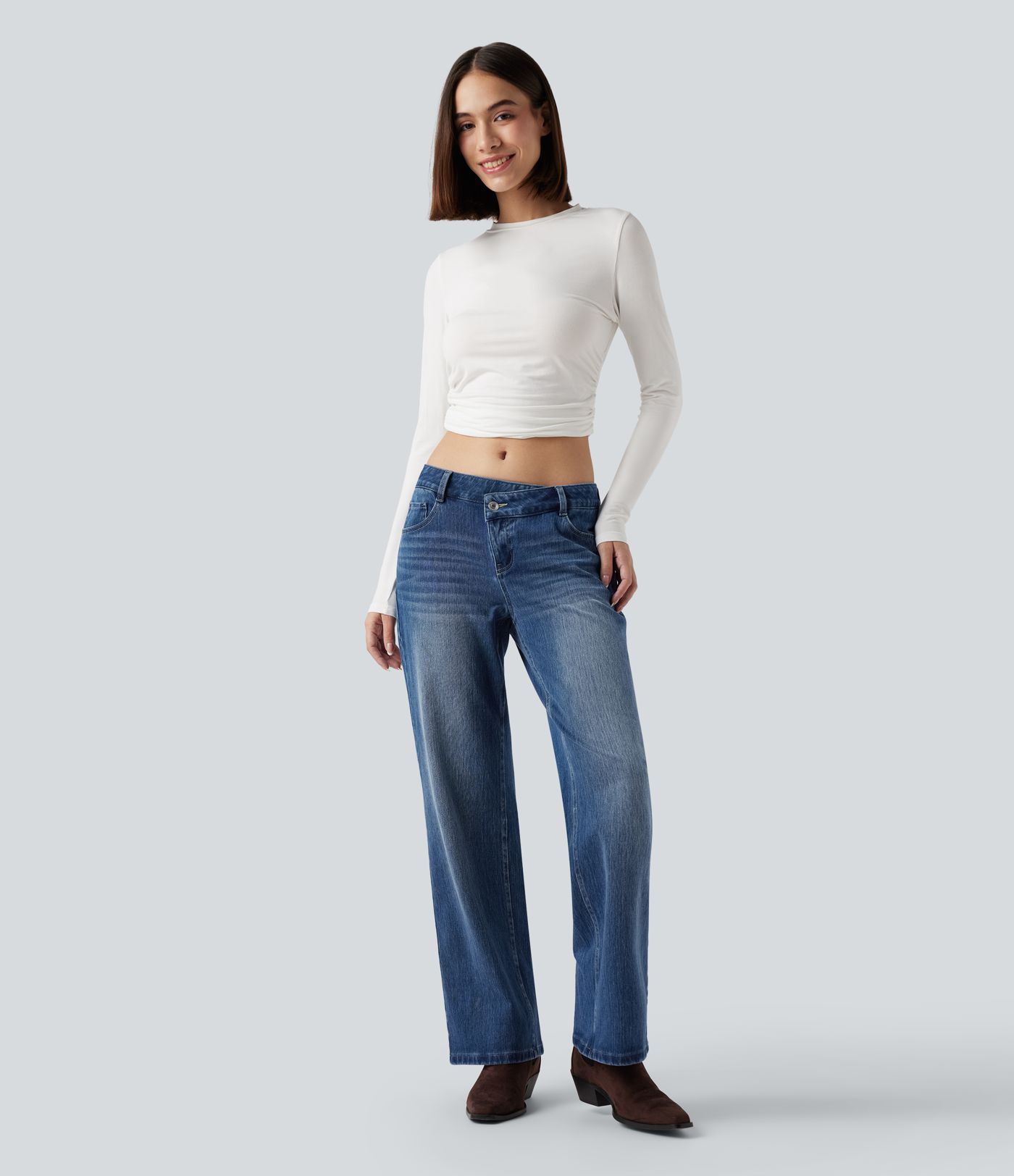 Halara Flex™ Asymmetric Low Rise Straight Leg Casual Jeans with Pockets