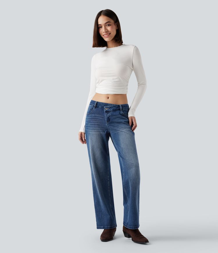 Halara Flex™ Asymmetric Low Rise Straight Leg Casual Jeans with Pockets
