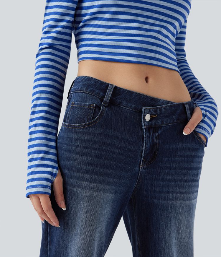 Halara Flex™ Asymmetric Low Rise Straight Leg Casual Jeans with Pockets