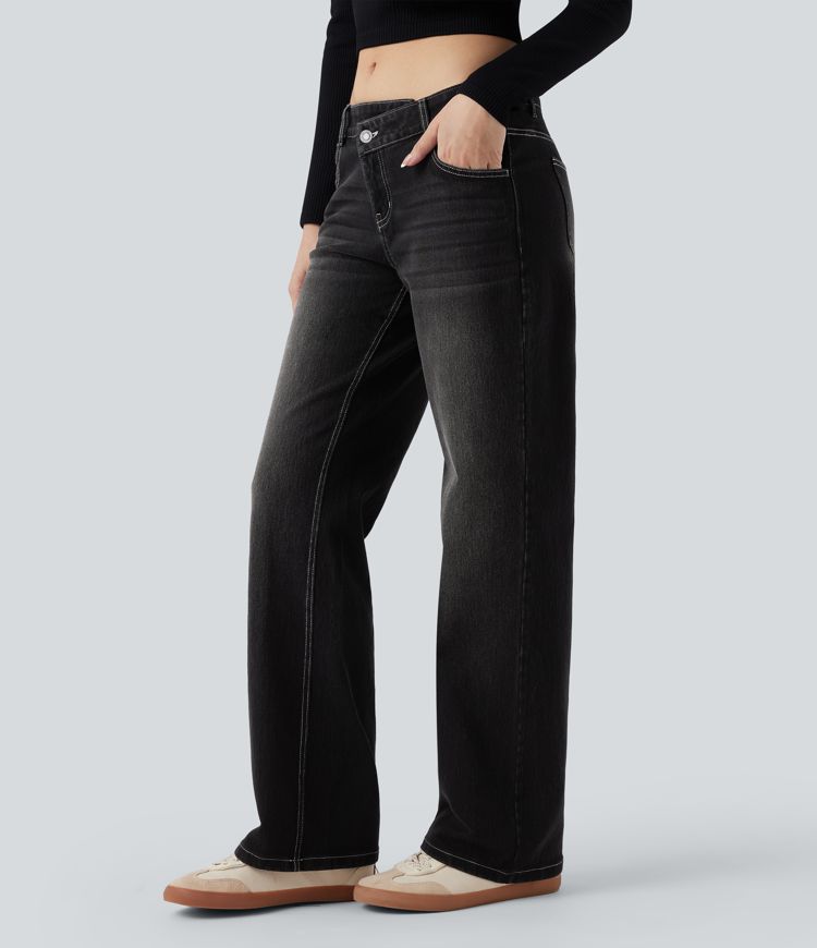 Halara Flex™ Asymmetric Low Rise Straight Leg Casual Jeans with Pockets
