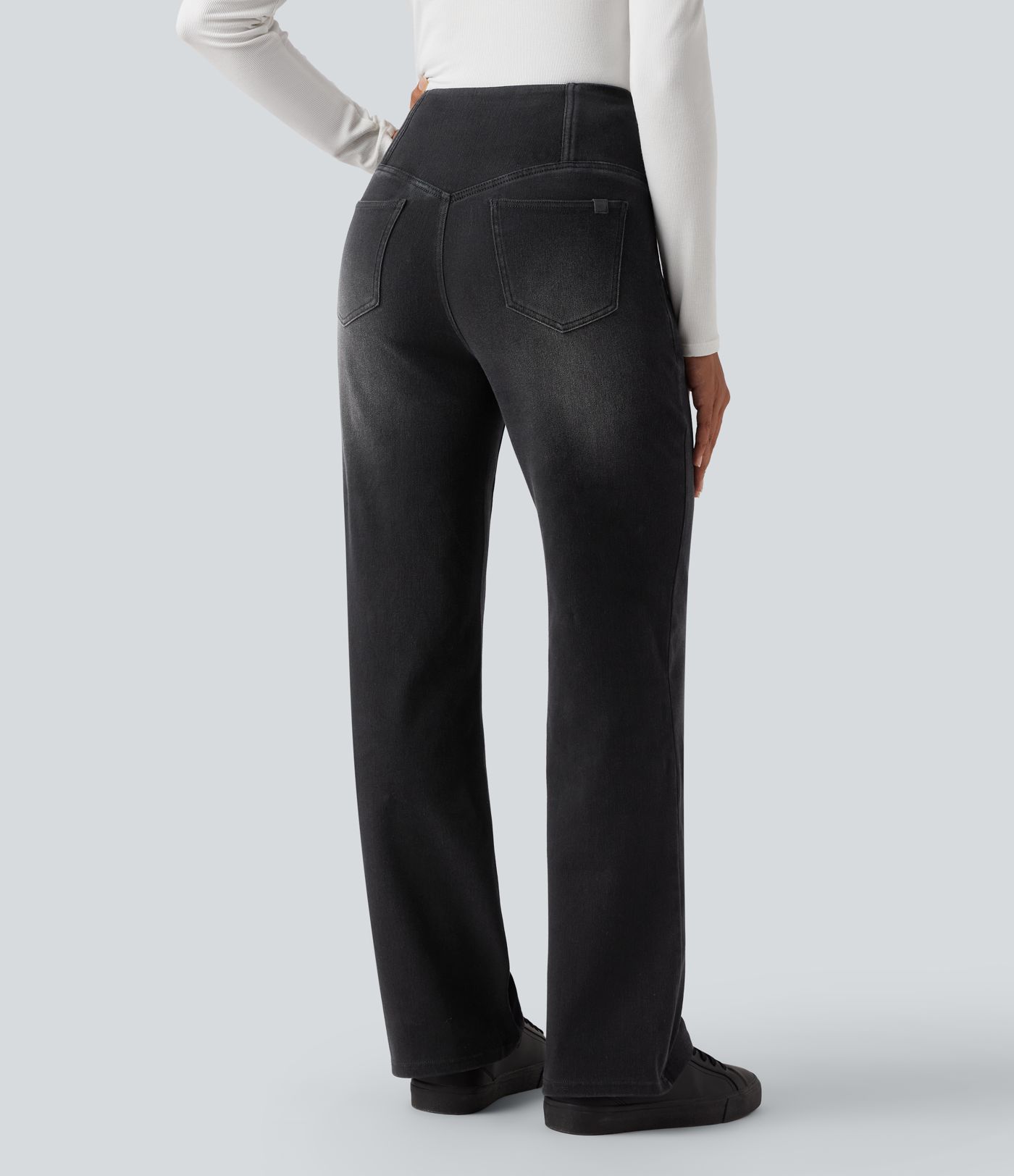 Jean droit décontracté croisé gainant taille haute avec poches Halara Flex™