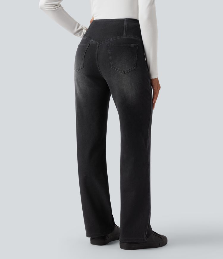 Jean droit décontracté croisé gainant taille haute avec poches Halara Flex™