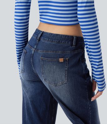 Halara Flex™ Asymmetric Low Rise Straight Leg Casual Jeans with Pockets